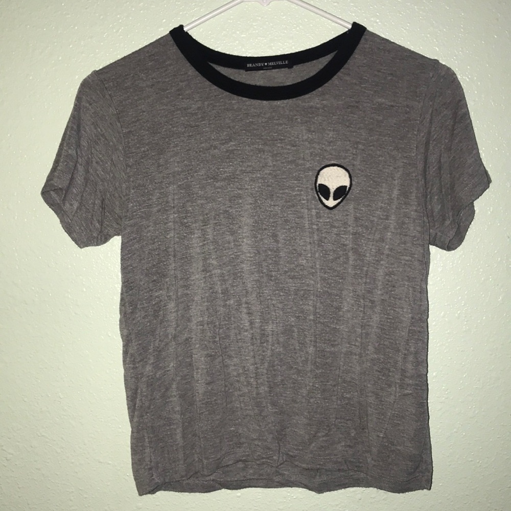 gray short sleeve T-shirt, barley worn